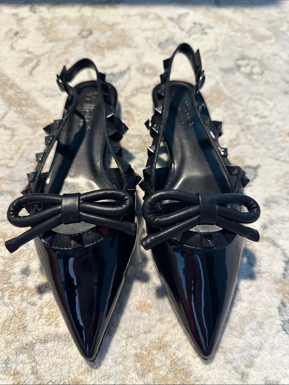 (Inspired) Black Patent Pointed Bow Slingback Flats with Rockstud Trim